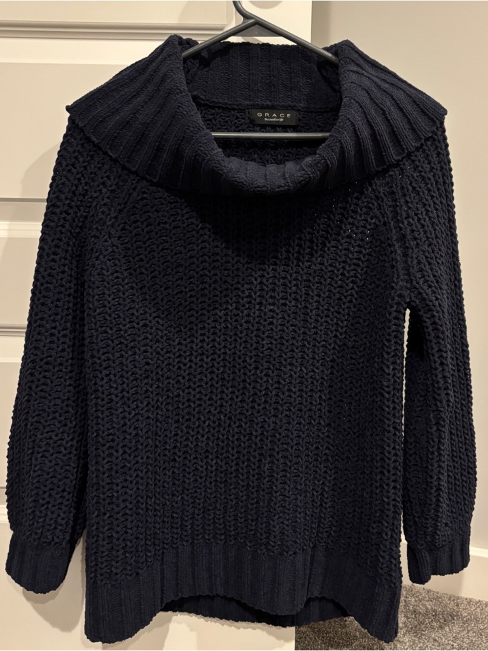 Grace Navy Chunky Knit Cowl Neck Sweater - Women
